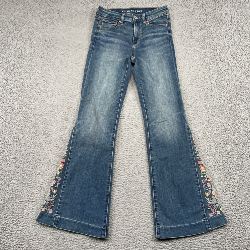 American Eagle Jeans Womens 4 Blue Super High Rise Flare Floral Embroidered